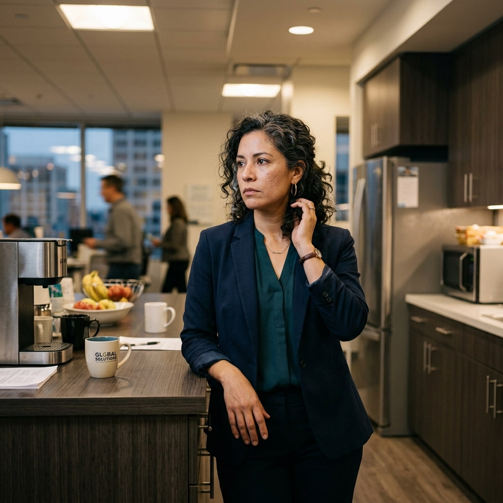 A Latina woman pauses at an office kitchen counter mid-afternoon, conveying the stress-driven pull toward food that has nothing to do with hunger.