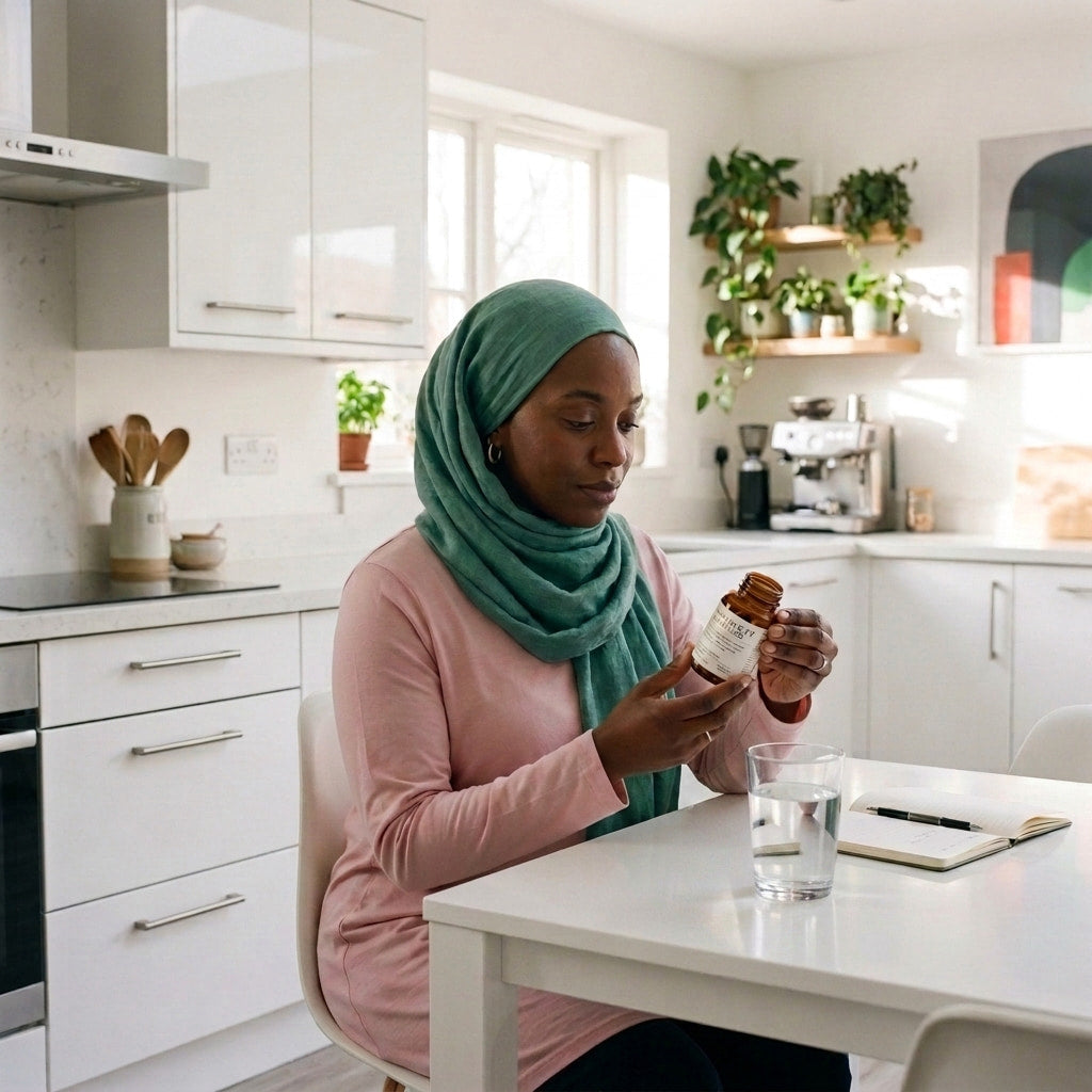 Muslim woman in hijab reading labels to find halal supplements