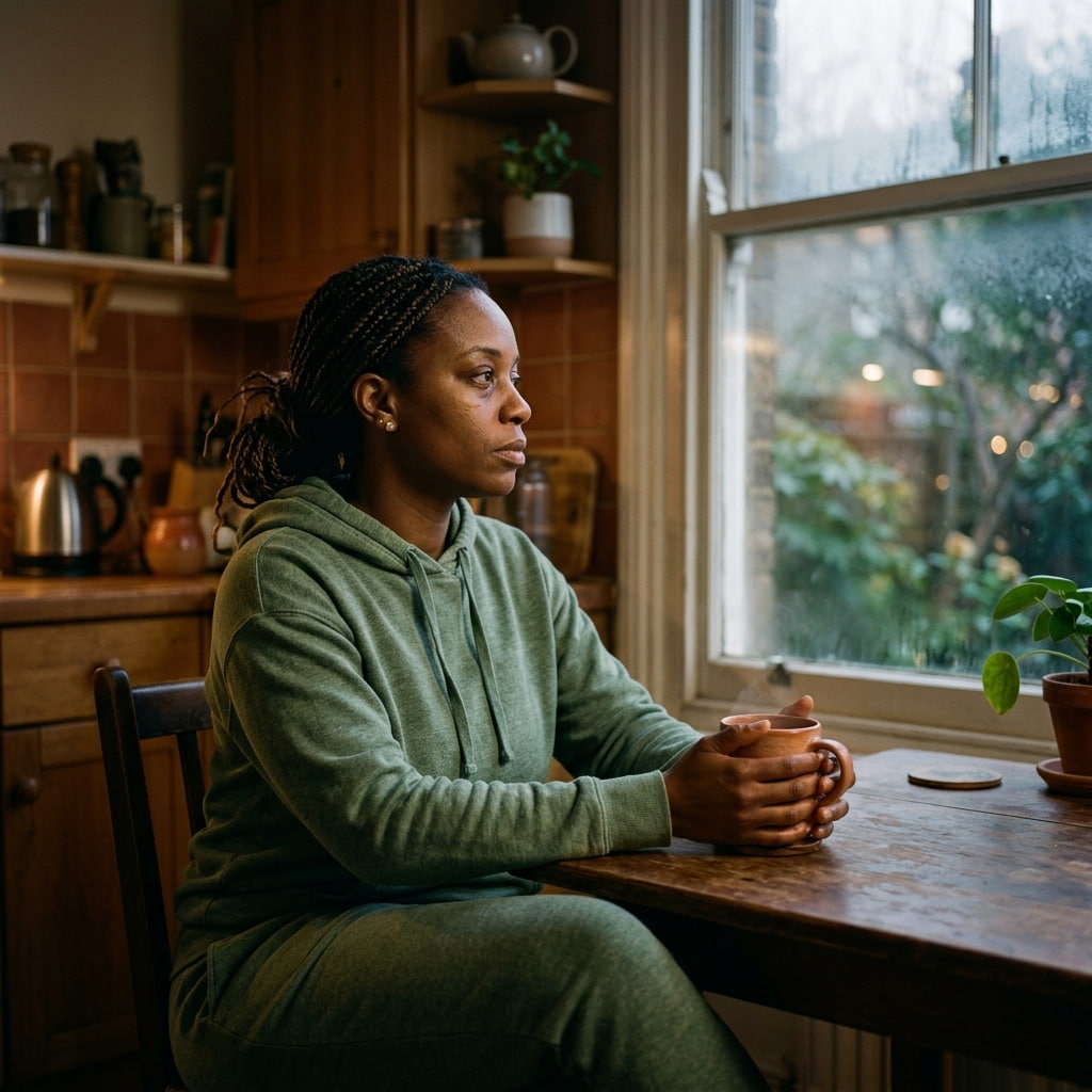 A Black woman sitting quietly at her kitchen table before the day starts, the specific exhaustion of carrying too much for too long.