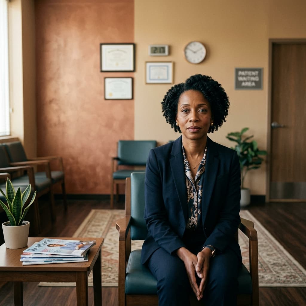 A Black woman sits alone in a clinical waiting room looking composed but tired, representing the experience of seeking answers from a medical system not built to find them.