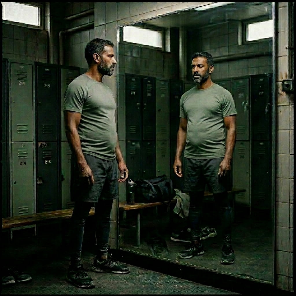 A Black man in his late 40s standing in a gym locker room, looking at himself in the mirror with a quiet, unreadable expression. He is dressed to work out. The feeling is not defeat — it is the moment before deciding something needs to change. 