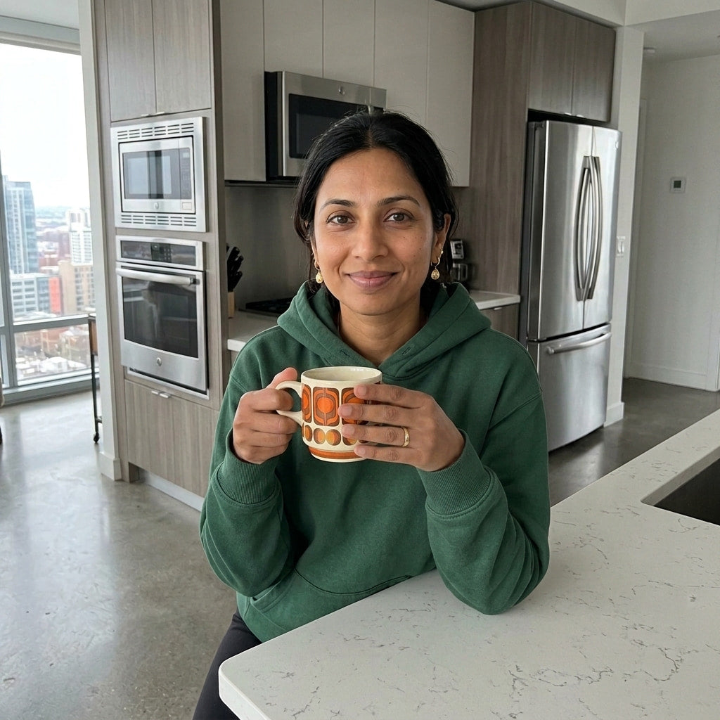 Saffron supplement tradition, South Asian woman with kesar doodh, morning light
