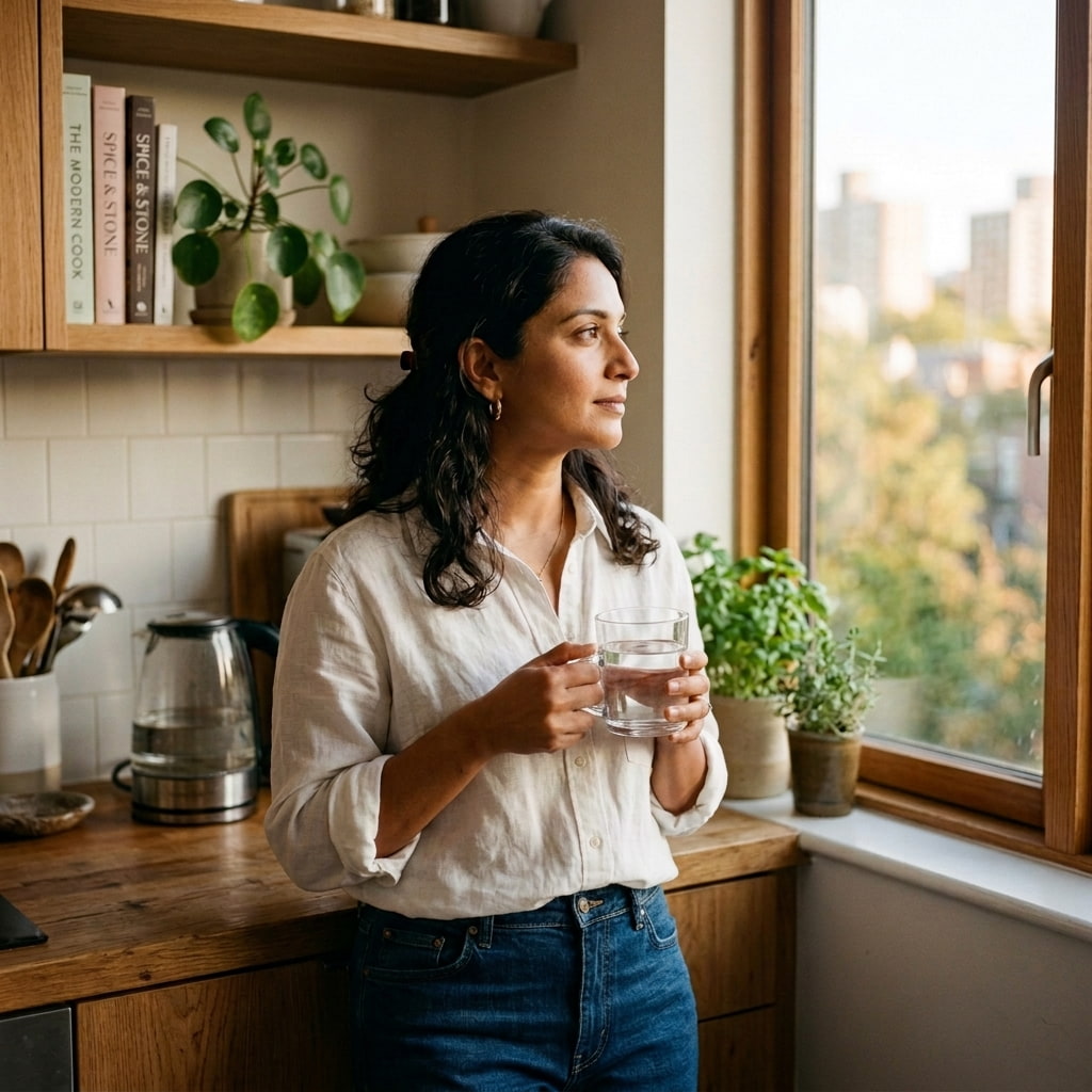 South Asian woman in her 30s, morning light, calm and grounded, blood sugar wellness