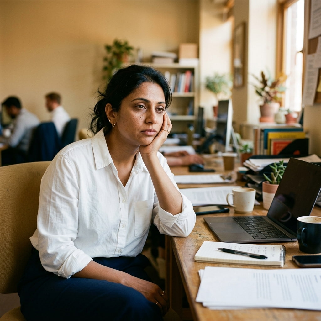 South Asian woman hitting afternoon energy wall at desk, vitamin D deficiency fatigue
