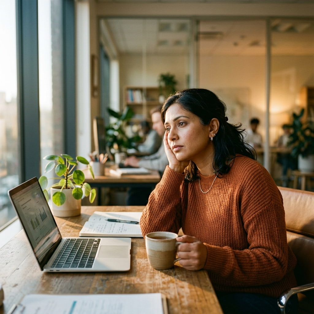 A South Asian woman sits at her office desk in afternoon light, visibly fatigued despite having made it through the day, illustrating the kind of exhaustion that has nothing to do with discipline.