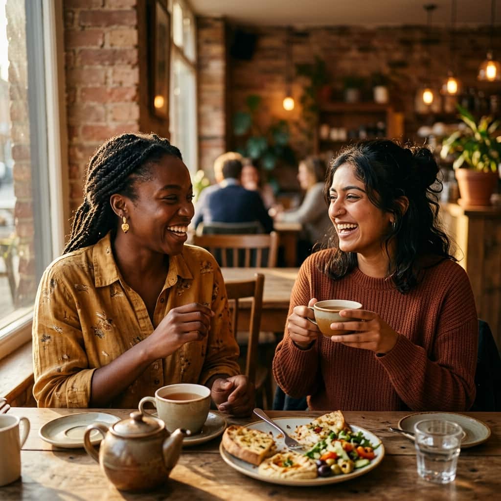 A Black woman and a South Asian woman share a meal and conversation in warm afternoon light, representing community as a core pillar of healing for Brown and Black women.