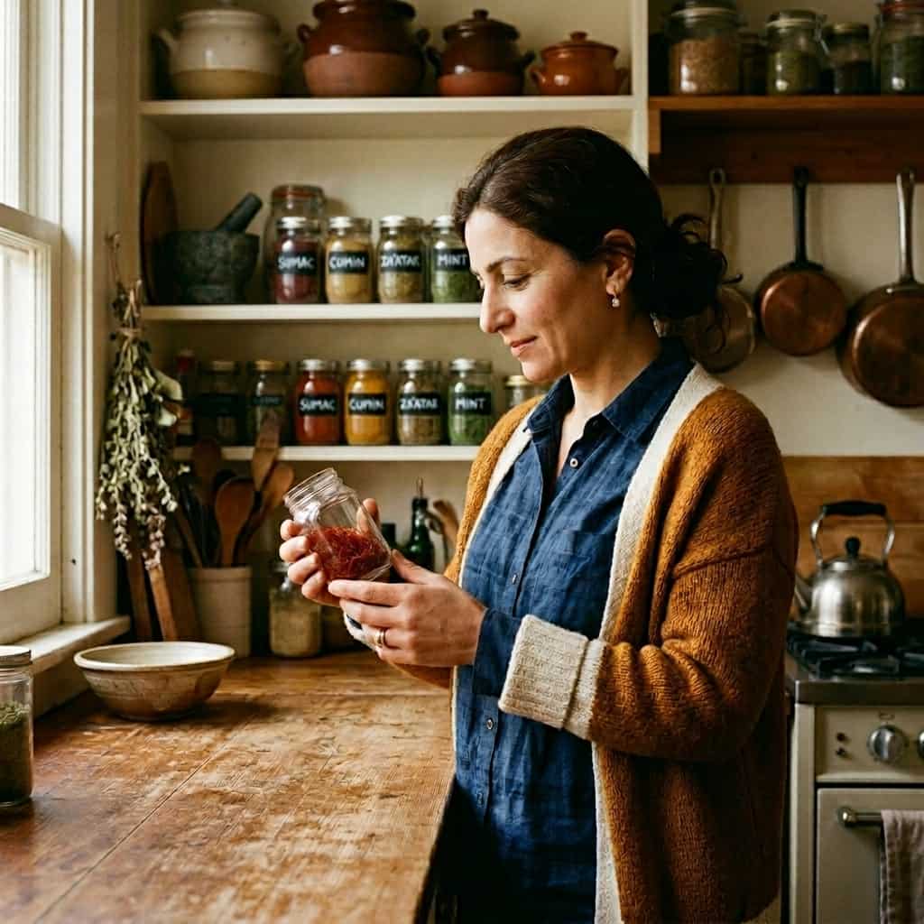 A Middle Eastern woman holds a jar of saffron threads in her kitchen, connecting to the ancestral ingredients at the heart of the Brown Body Reset formula.