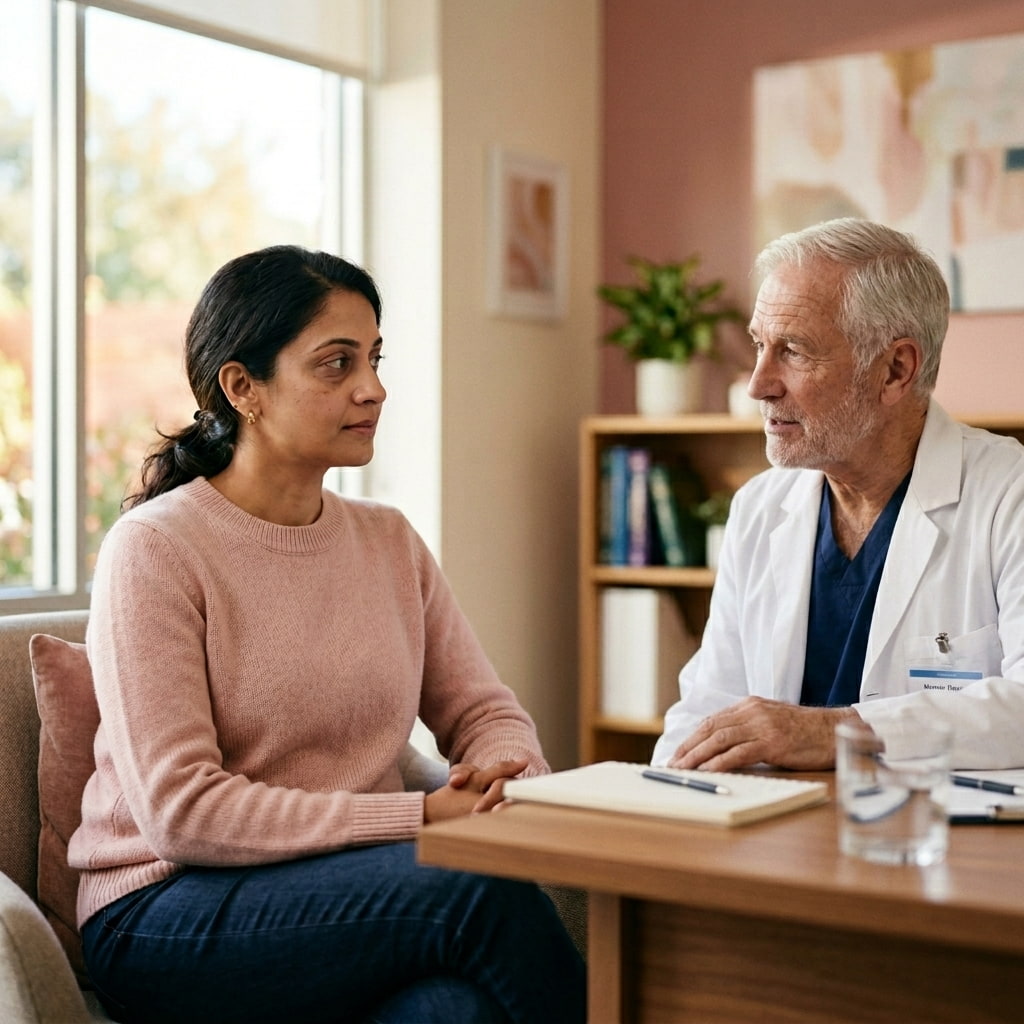 Vitamin B12 supplement deficiency, Indian woman at doctor's office discussing vitamin b12