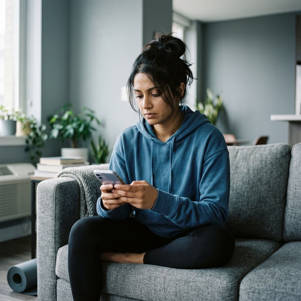 A South Asian woman in workout clothes reading a message on her phone, expression flat — the moment after a doctor sends you nothing useful.