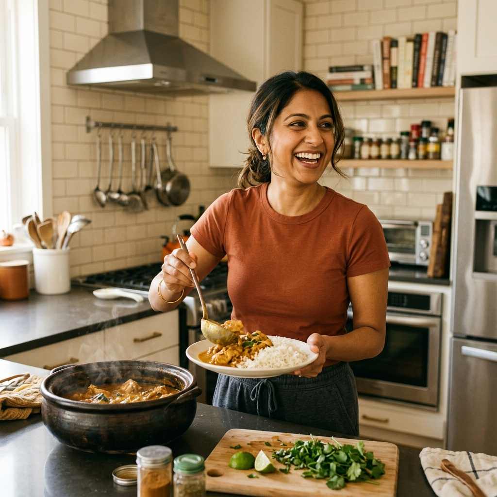 A South Asian woman in everyday clothes serving kuku paka in a modern kitchen, laughing — not performing wellness, just cooking.