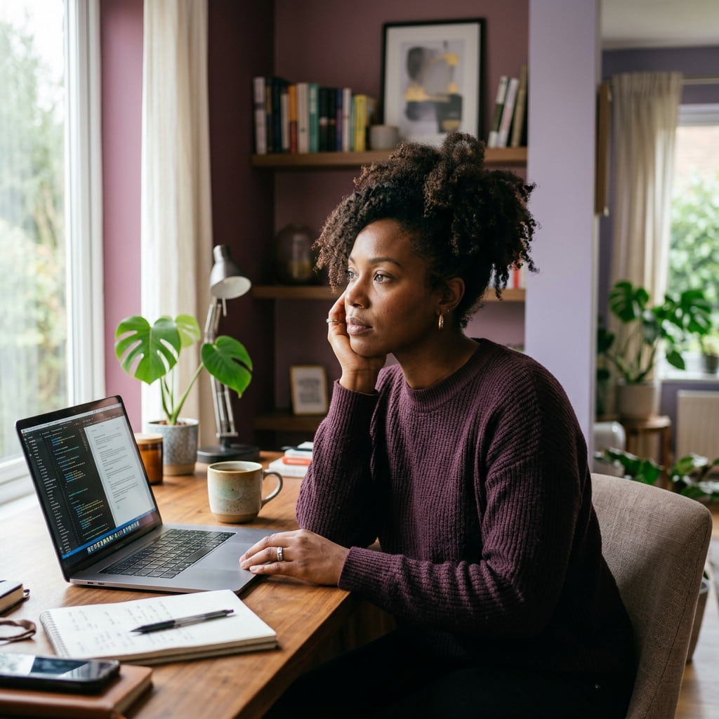 Woman staring at her laptop mid-thought, experiencing the everyday struggle that brain fog supplements are meant to address
