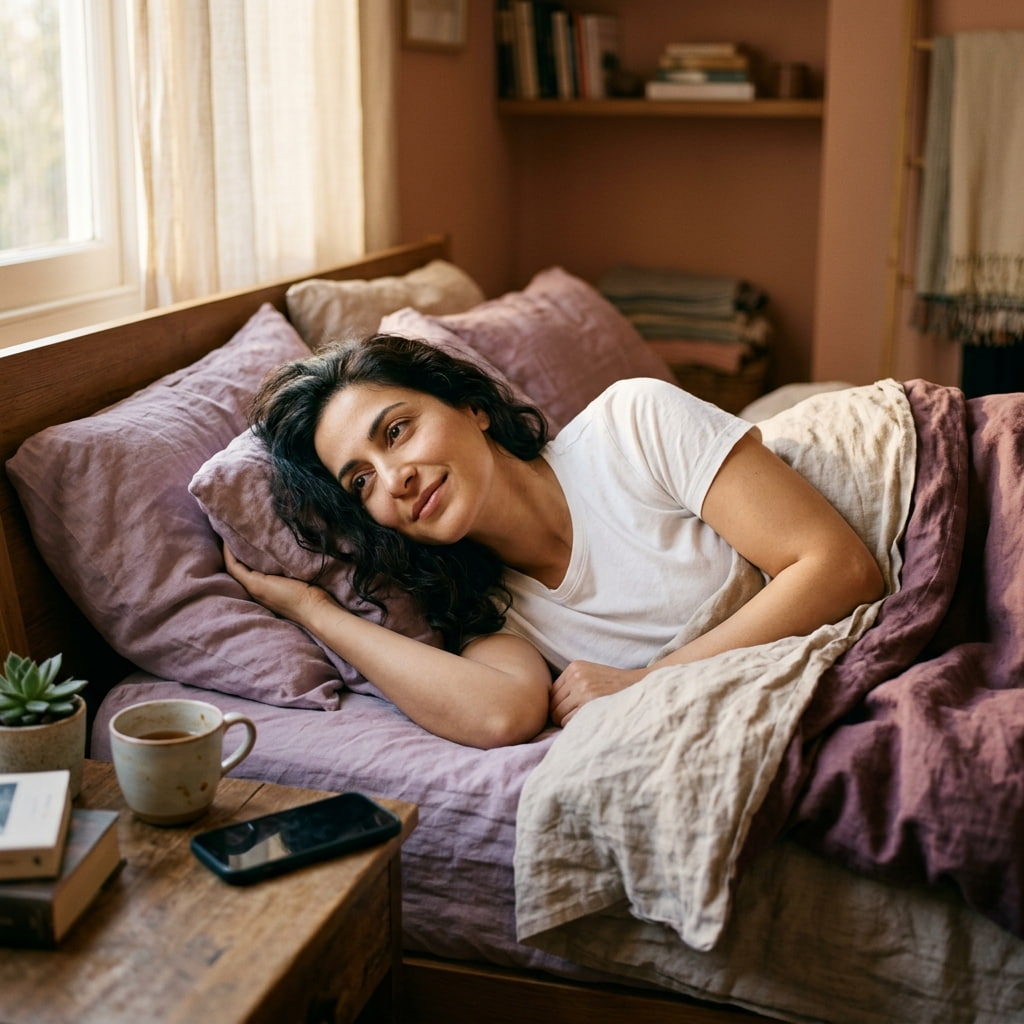 A Middle Eastern woman waking up in soft morning light, looking genuinely rested for the first time in a long time.