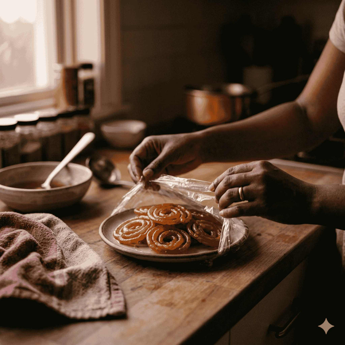 south asian woman opening a plate of indian sweets