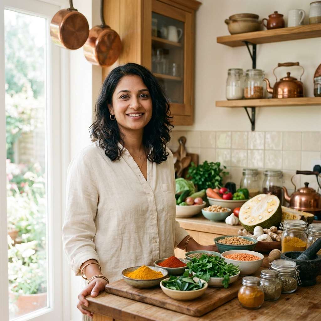 A confident South Asian woman standing in her kitchen surrounded by traditional South Asian ingredients, representing personalized wellness built for brown bodies.