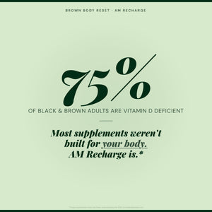 Brown Body Reset AM Recharge supplement infographic showing 75% of Black and Brown adults are Vitamin D deficient
