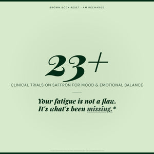 Brown Body Reset AM Recharge mood and energy infographic showing 23 plus clinical trials on Saffron for emotional balance