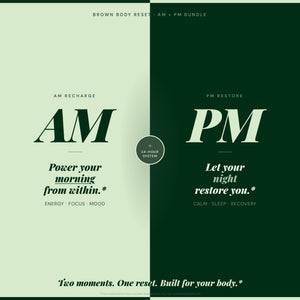 Brown Body Reset AM and PM bundle infographic showing 24 hour supplement system with AM Recharge for energy focus and mood and PM Restore for calm sleep and recovery
