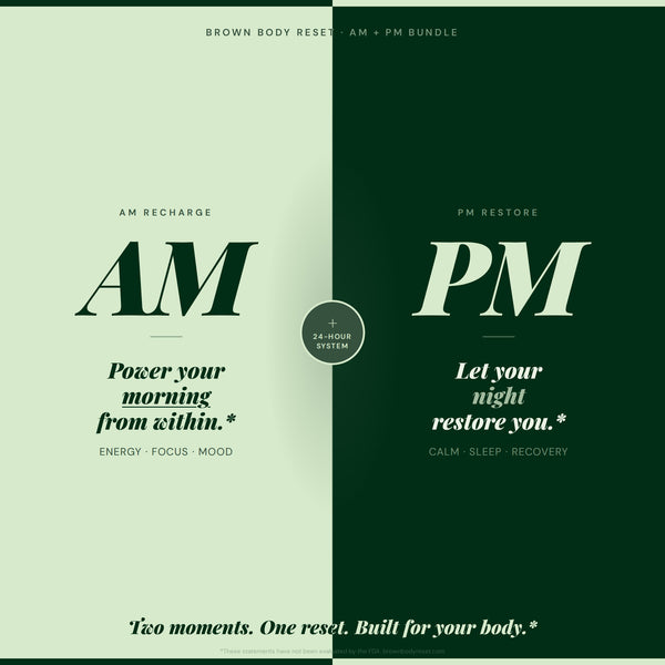 Brown Body Reset AM and PM bundle infographic showing 24 hour supplement system with AM Recharge for energy focus and mood and PM Restore for calm sleep and recovery
