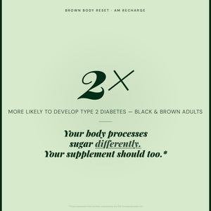 Brown Body Reset AM Recharge blood sugar infographic showing Black and Brown adults are 2x more likely to develop Type 2 diabetes