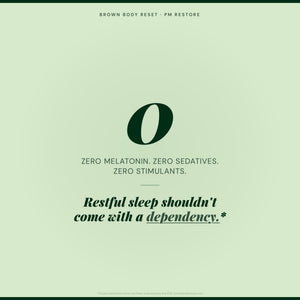Brown Body Reset PM Restore supplement infographic showing zero melatonin zero sedatives zero stimulants natural sleep support