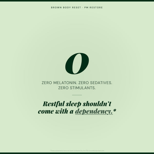 Brown Body Reset PM Restore supplement infographic showing zero melatonin zero sedatives zero stimulants natural sleep support