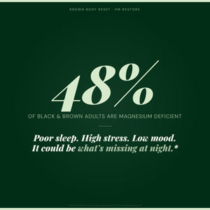 Brown Body Reset PM Restore supplement infographic showing 48% of Black and Brown adults are Magnesium deficient causing poor sleep high stress and low mood